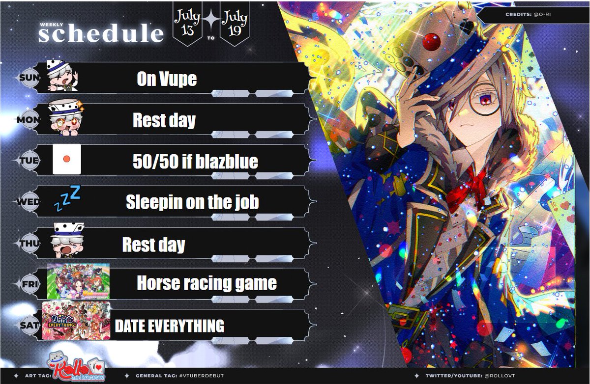 Late Schedule 😳 but here we go 😆

TUE- POSSIBLE blazbluebros
FRI - HORSE RACING GACHA GAME UMAMASUME 
SAT - Date everything, including your mom 😈