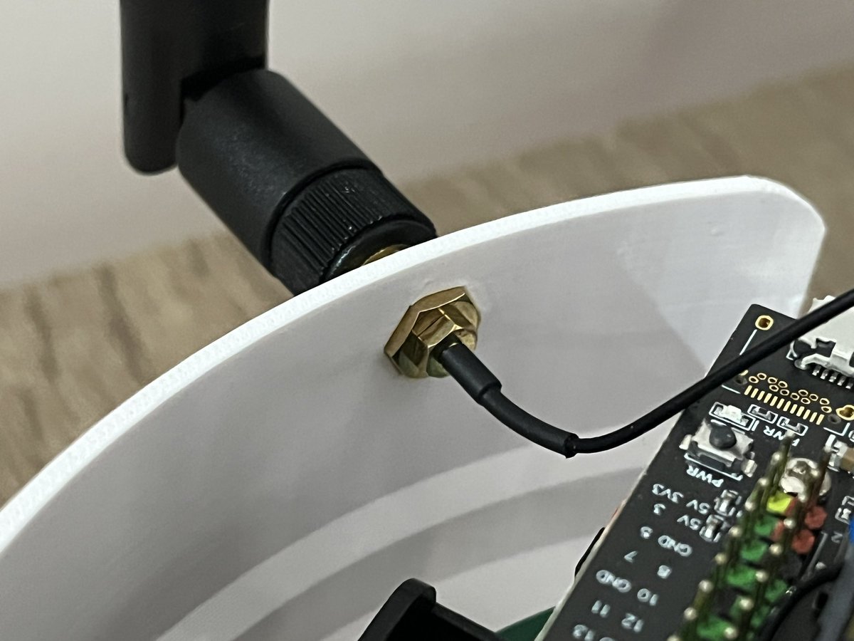 uavster's tweet image. Subtracted the shape of the hexagonal nut from the inner half of the wall so the antenna connector doesn’t rotate.