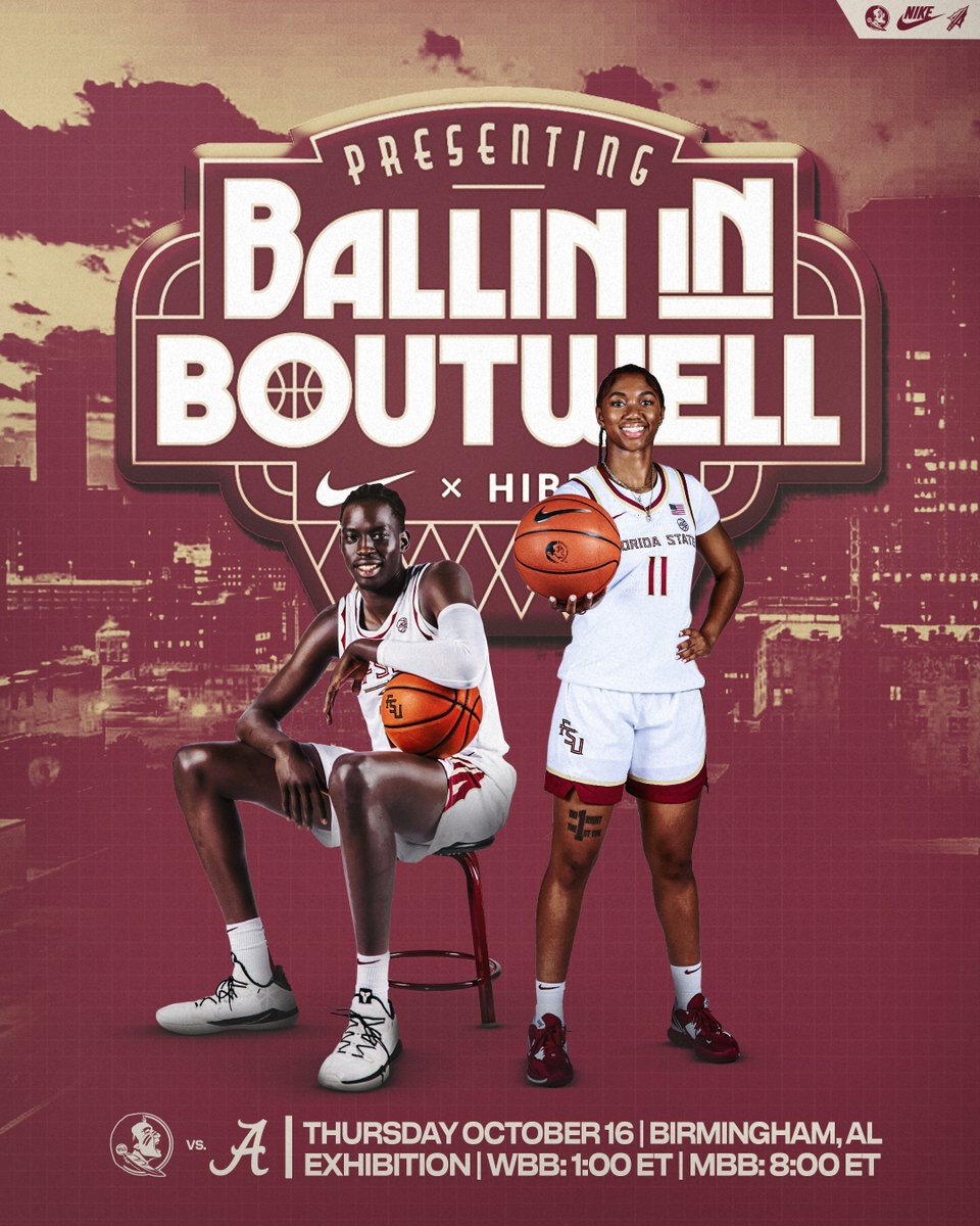 𝗕𝗮𝗹𝗹𝗶𝗻' 𝗶𝗻 𝗕𝗼𝘂𝘁𝘄𝗲𝗹𝗹 🏀

The Noles are headed up to Birmingham for an exhibition doubleheader!

🔗 noles.co/4ltynNu

#GoNoles