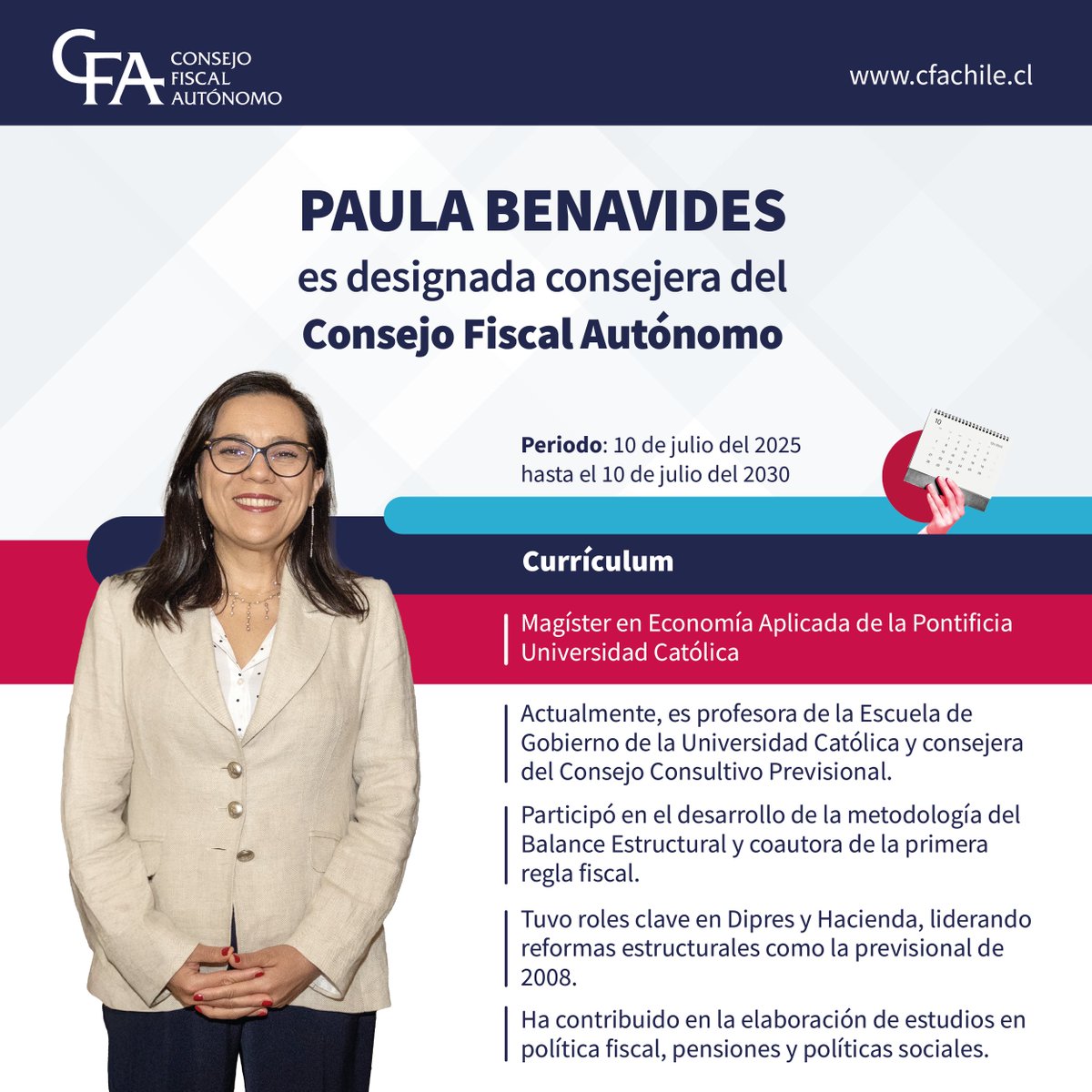 Consejeros del CFA | El @ConsejofiscalCH le da la bienvenida a la nueva consejera del #CFA, Paula Benavides, quien este viernes 11 de julio participó en su primera sesión como consejera.

🔹 La economista vuelve al CFA, luego de que en mayo de 2023 terminara su periodo como