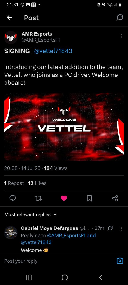 Vettel (@vettel71843) on Twitter photo Massive thank you to <a href="/AMR_EsportsF1/">AMR Esports</a> for this opportunity, can't wait to cook with these guys. Massive thank you to <a href="/AMR_EsportsF1/">AMR Esports</a> for this opportunity, can't wait to cook with these guys.