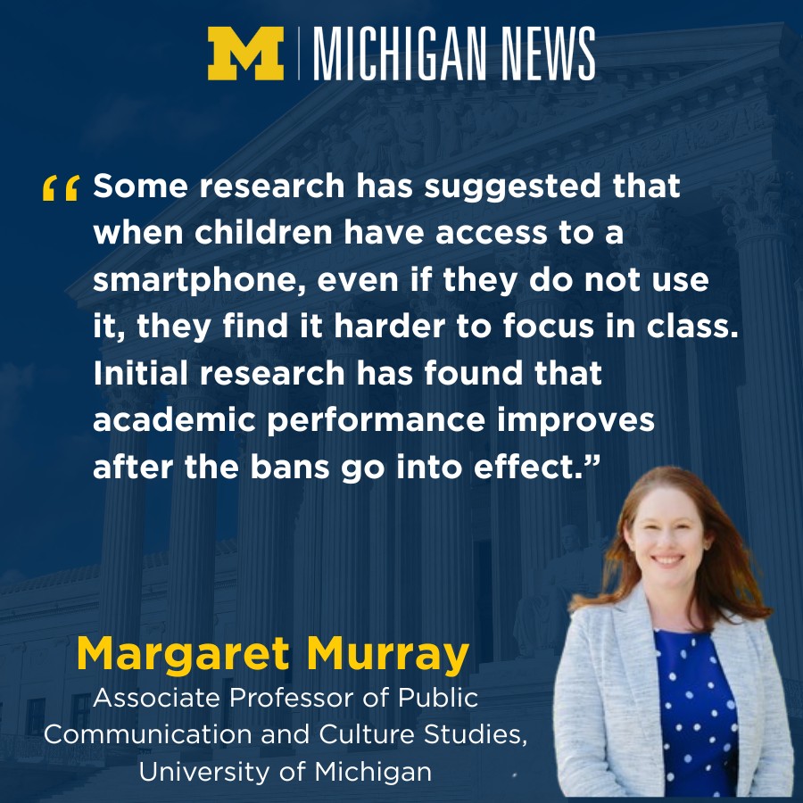 UMichiganNews's tweet image. Margaret Murray, an Associate Professor of Public Communication and Culture Studies @UMich, discusses how the number of states banning smartphones in schools is growing. Learn more via the Conversation: theconversation.com/school-smartph…