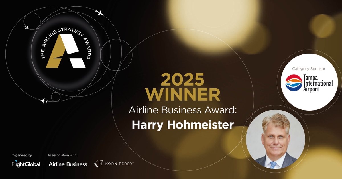 FlightGlobal's tweet photo. Congratulations to Harry Hohmeister, winner of the Airline Business Award at the Airline Strategy Awards 2025. This award is proudly sponsored by Tampa International Airport. #ABStrats https://t.co/fa9dfF06bq