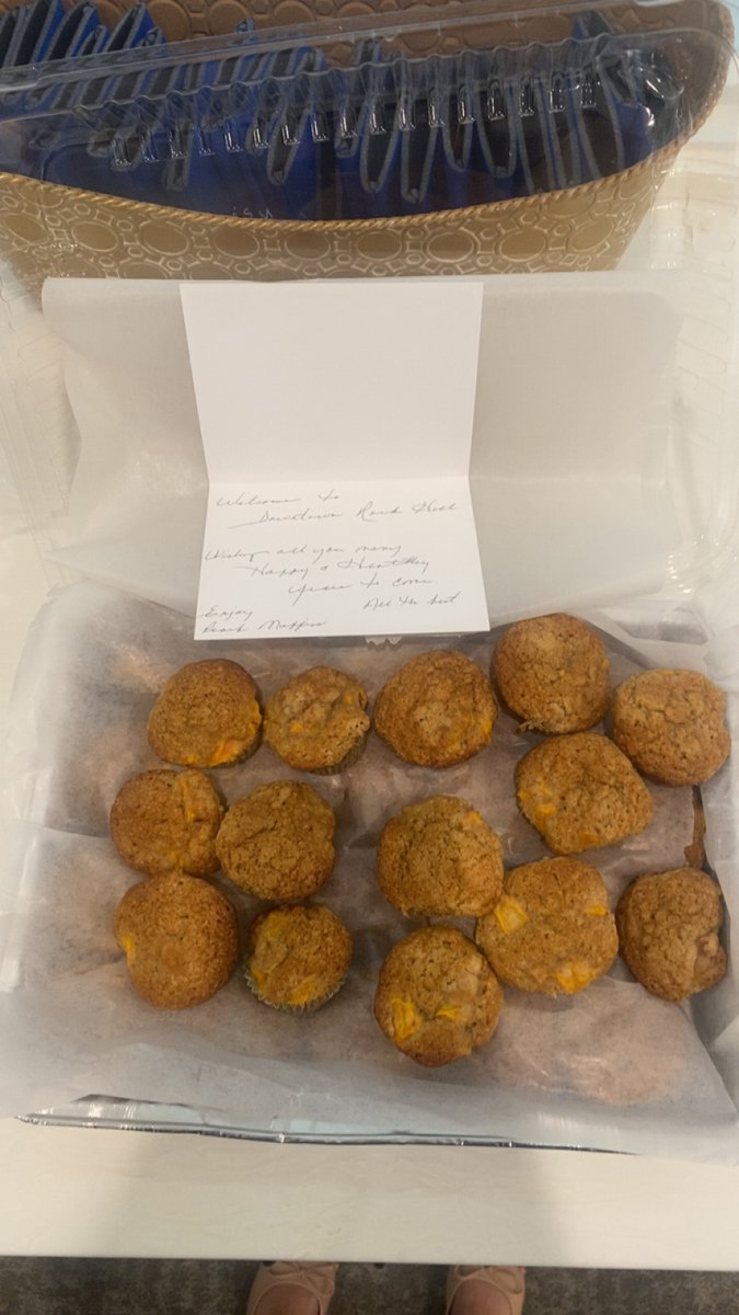 We recently received a sweet welcome to our new downtown space from an anonymous Rock Hill resident (who is now the firm favorite). These peach muffins were a thoughtful surprise, and we’re grateful for the warm hospitality that makes this community so special.