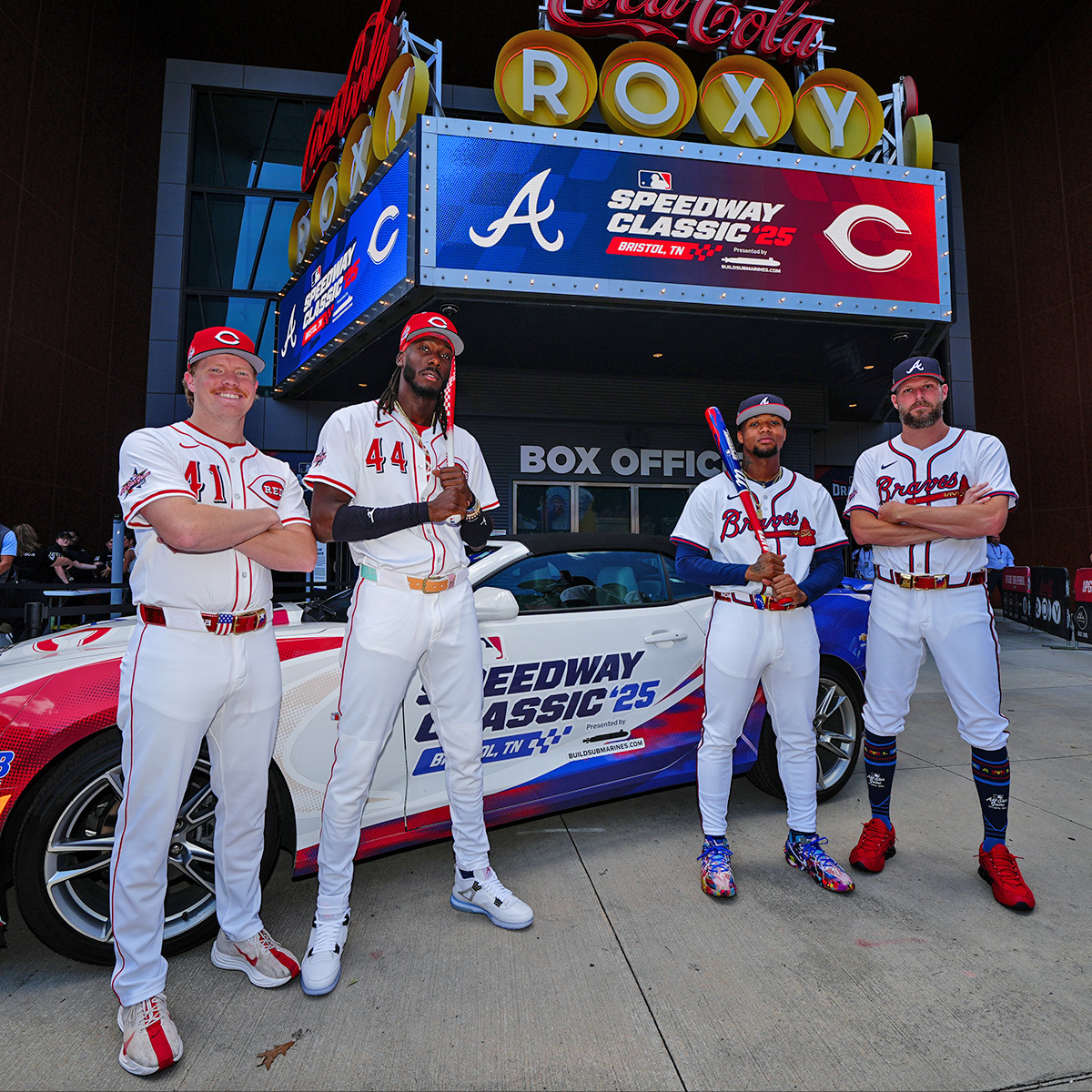 MLB's tweet photo. The Speedway Classic is coming 🏁

Ronald Acuña Jr., Elly De La Cruz, Chris Sale and Andrew Abbott posed for a photo-op outside of the Roxy in Atlanta ahead of the Bristol event on August 2 👀 https://t.co/uKcz8IMnOP