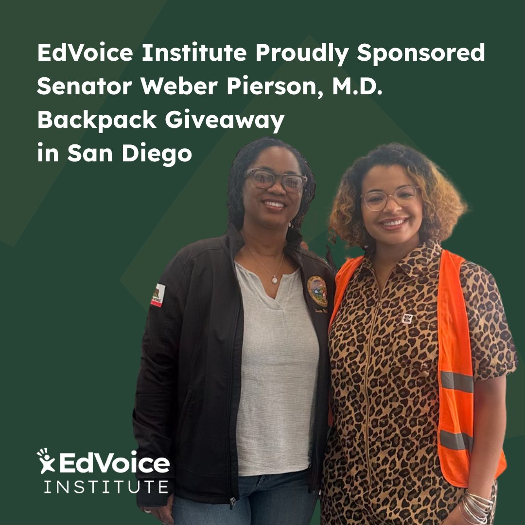 edvoice's tweet image. EdVoice Institute's Director of Government Affairs Dominique Donette joined #SenatorWeberPierson in San Diego over the weekend to distribute 500 free backpacks to local families.
Thank you for your continued leadership and dedication to education equity, Senator Weber Pierson.…