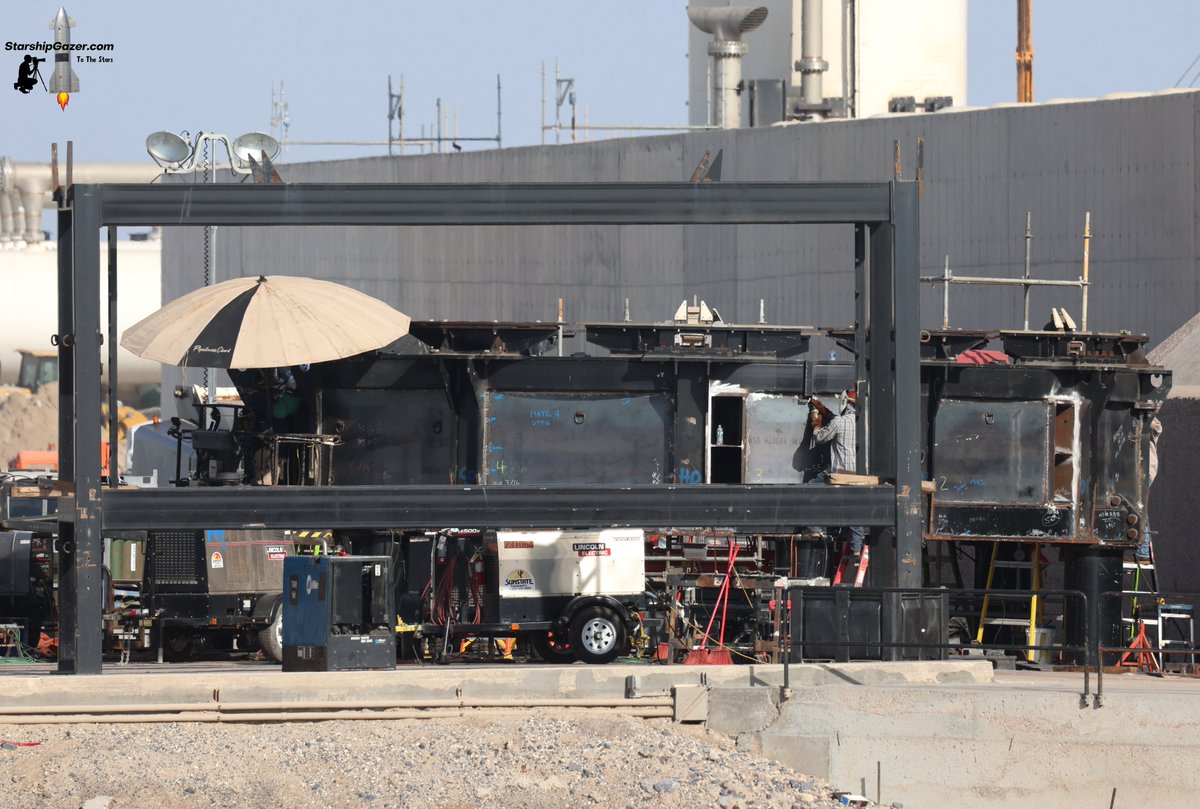 StarshipGazer's tweet image. A closer view of the ship transport stand being modified for static firing Starships on the launch mount. Heavy steel plates are being welded around the edges today.
7/14/25
