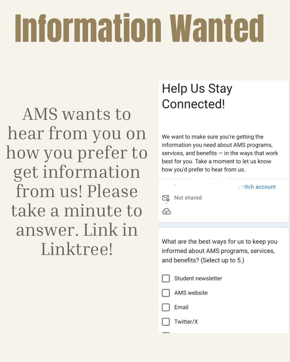 AMSBoSA's tweet image. AMS wants to hear from YOU 馃馃徎 yes you. Please head to the link in our Linktree and take 1 minute to tell AMS how you wish to receive information from them! Make your voice heard 馃檪 Thank you so much in advance for helping us!