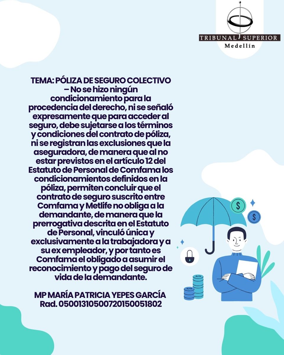 TEMA: PÓLIZA DE SEGURO COLECTIVO
MP MARÍA PATRICIA YEPES GARCÍA
Rad. 05001310500720150051802
Sala Laboral
Descarga la providencia a través del QR que se encuentra en la imagen de nuestro Instagram
@tribsupmed instagram.com/p/DMGg3mPS46i/…