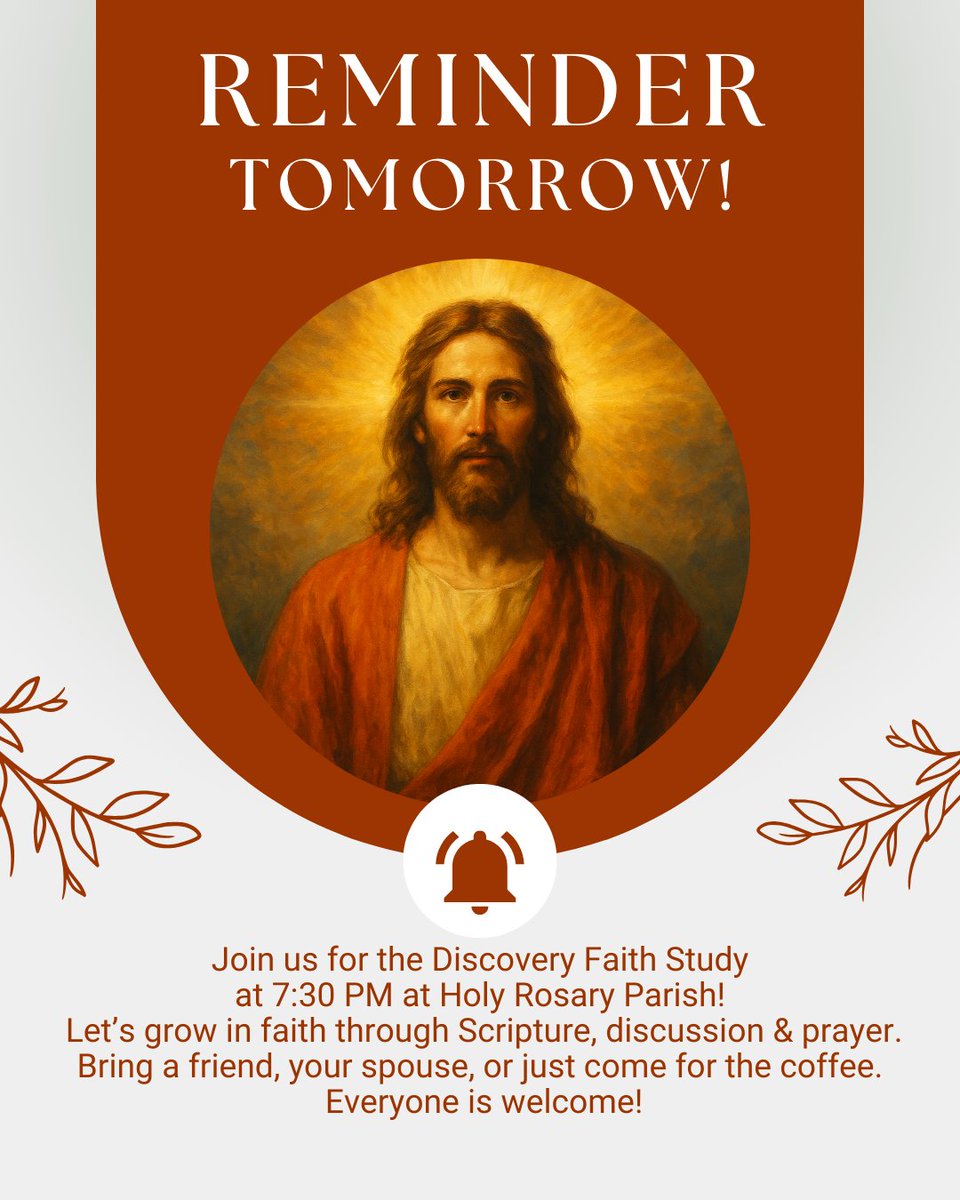 OlhrChurch's tweet image. 📣 Reminder!
📖 Join us TOMORROW for the Discovery Faith Study at 7:30 PM at Holy Rosary Parish!

☕ Bring a friend, your spouse, or just come for the coffee.
✨ Everyone is welcome!

#FaithStudy #HolyRosaryParish #GrowInFaith #CatholicCommunity #ScriptureAndPrayer