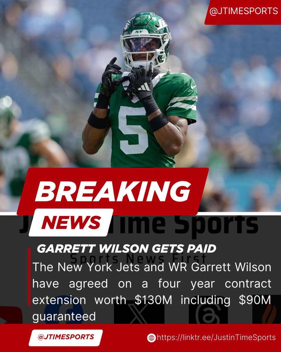 BREAKING: The New York Jets and WR Garrett Wilson have agreed on a four year contract extension worth $130M including $90M guaranteed. He becomes the fifth highest paid WR in the #NFL