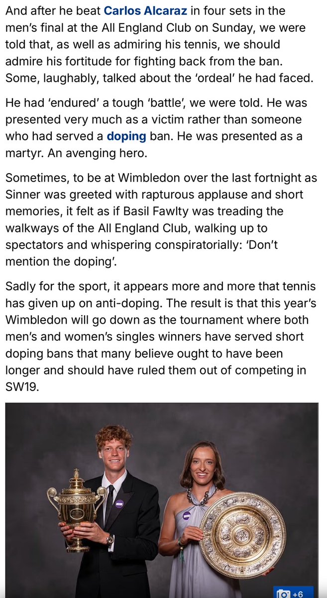 TennisPuneet's tweet image. Everything I read makes me realise that Sinner and Swiatek were lucky to be able to compete at Wimbledon.
This article by @OllieHolt22 is to the point.
It’s cringe that people talk about the “ordeal” of these two.
They are very, very lucky. Why are Swiatek and Sinner being…