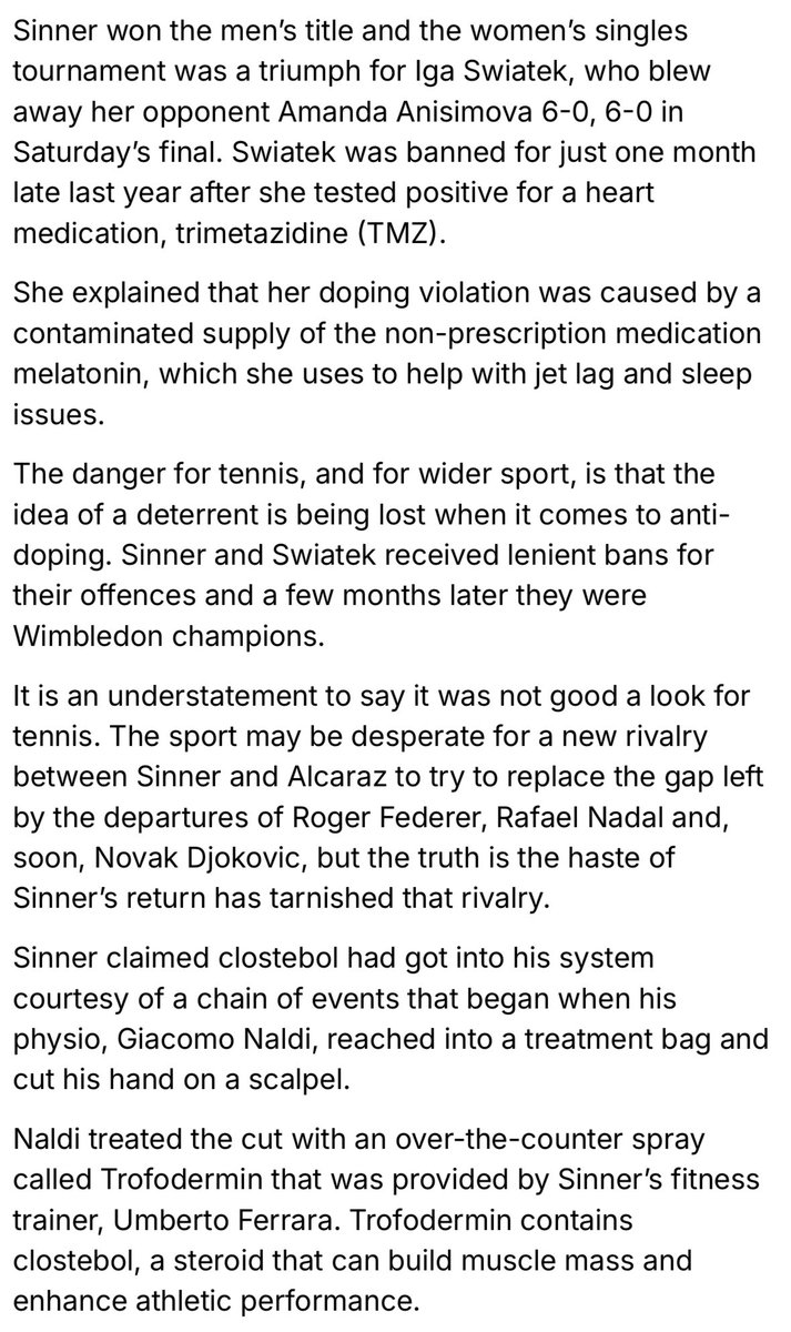 TennisPuneet's tweet image. Everything I read makes me realise that Sinner and Swiatek were lucky to be able to compete at Wimbledon.
This article by @OllieHolt22 is to the point.
It’s cringe that people talk about the “ordeal” of these two.
They are very, very lucky. Why are Swiatek and Sinner being…