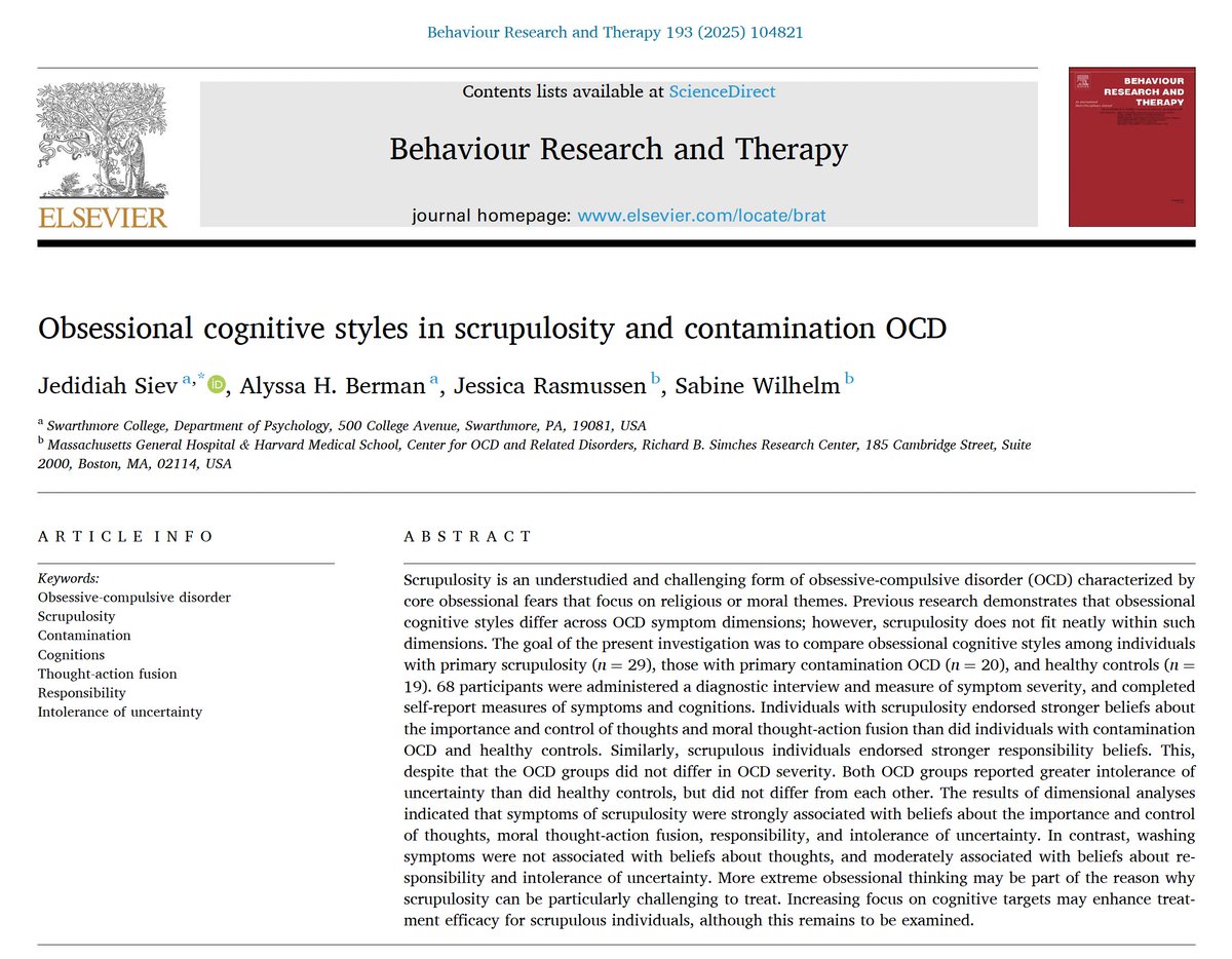 drjedsiev's tweet photo. Our paper is now out in BRAT: "Obsessional Cognitive Styles in #Scrupulosity and Contamination #OCD"
We show that people with scrupulosity have more extreme obsessional thinking than those w similarly severe contamination OCD
https://t.co/2kXgqXFrTM
Brief thread 👇 https://t.co/XqDTmSuAue