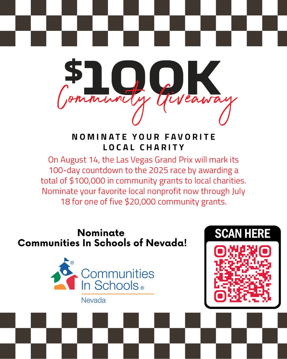 CIS_Nevada's tweet image. To mark the 100-day countdown to the @F1LasVegas, which begins 8/14, the Las Vegas Grand Prix Foundation is giving away $100K - $20K to 5 local nonprofits that are making a meaningful impact in NV. Please consider nominating CIS of Nevada at f1lasvegasgp.com/community.