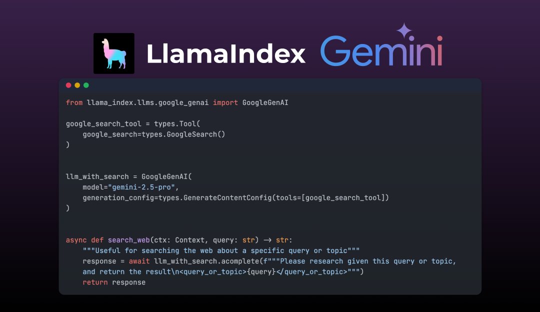 tuanacelik's tweet image. A new walkthrough for a research agent using @llama_index and @Google Gemini, fresh out the oven 🥨 Given a topic:
🌎 Use Gemini 2.5 pro with its server side google search tool
📝 Create an agent that takes notes as it gets results from its websearch
👀 Create other agents that…
