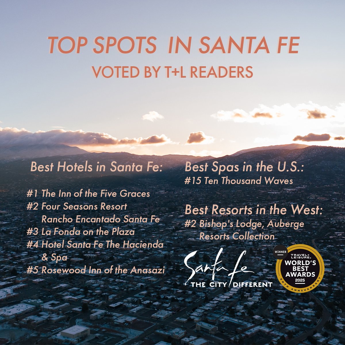 A big shout out to all the Santa Fe businesses that got voted in to the @travelandleisure 2025 World’s Best Awards, along side #TheCityDifferent taking the top spot for U.S. city.

#VisitSantaFe #tlworldsbest #travelbucktlist