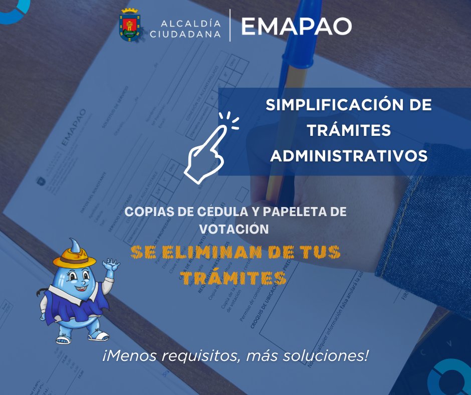 Como parte de la simplificación de trámites en el sector público, la EMAPAO-EP ya 𝗻𝗼 𝘀𝗼𝗹𝗶𝗰𝗶𝘁𝗮𝗿𝗮́ 𝗹𝗮 𝗰𝗼𝗽𝗶𝗮 𝗱𝗲 𝗹𝗮 𝗰𝗲́𝗱𝘂𝗹𝗮 𝘆 𝗲𝗹 𝗰𝗲𝗿𝘁𝗶𝗳𝗶𝗰𝗮𝗱𝗼 𝗱𝗲 𝘃𝗼𝘁𝗮𝗰𝗶𝗼́𝗻.
Mayores detalles bit.ly/SIMPLIFICACION…
