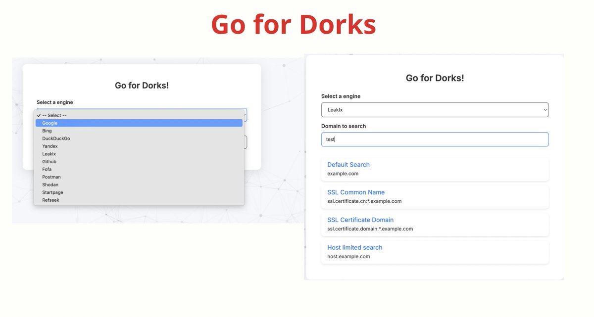 Go for Dorks

Online generator of advanced search queries for Google, Bing, DuckDuckGo, LeaklX, Shodan, Refseek, Fofa, Yandex and other search engines.

Tool: dorks.xen00rw.me
Github repo: github.com/xen00rw/GoForD…

Creator <a href="/willxenoo/">Willian 🇧🇷</a>