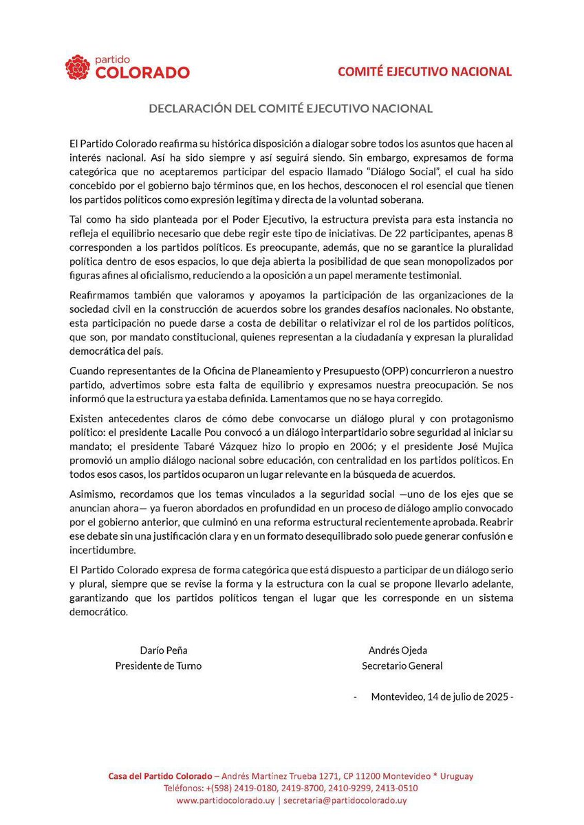 PartidoColorado's tweet image. El Comité Ejecutivo Nacional del Partido Colorado reafirma su histórica disposición al diálogo, pero rechaza participar del llamado “Diálogo Social” tal como ha sido planteado por el Gobierno.

👉 En el comunicado, se detallan las razones de esta decisión y se destaca la defensa…