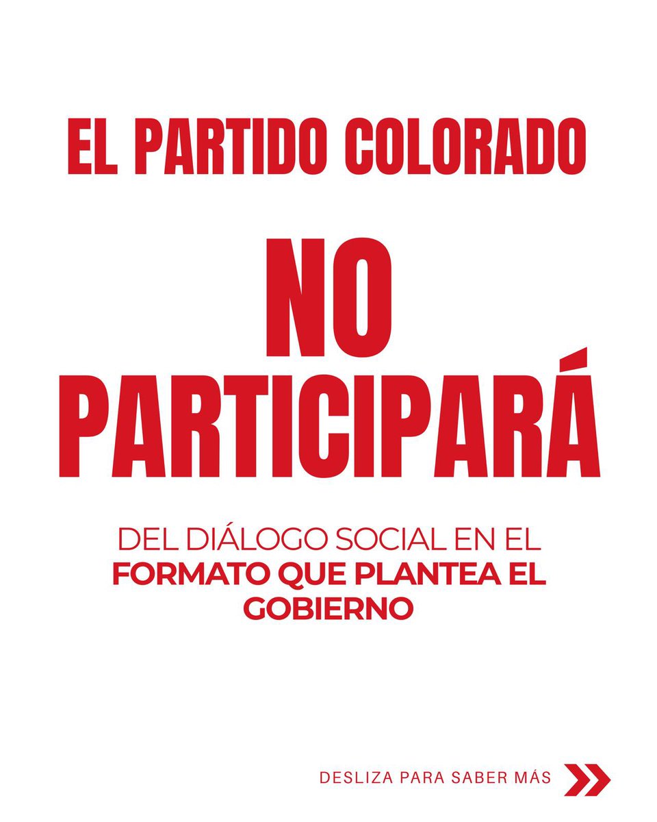PartidoColorado's tweet image. El Comité Ejecutivo Nacional del Partido Colorado reafirma su histórica disposición al diálogo, pero rechaza participar del llamado “Diálogo Social” tal como ha sido planteado por el Gobierno.

👉 En el comunicado, se detallan las razones de esta decisión y se destaca la defensa…