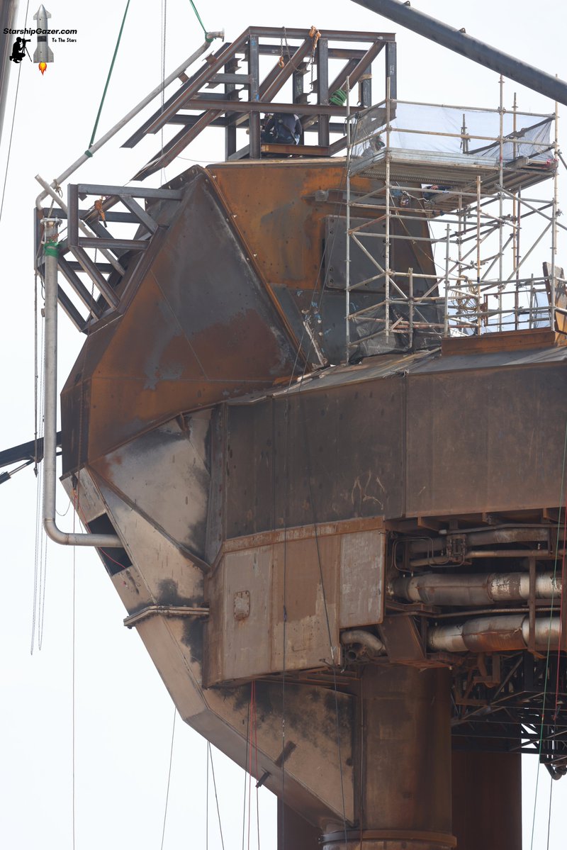 StarshipGazer's tweet image. A look at the modifications being done on the launch mount. New propellant pipes and support frames are being attached to connect to a SQD (ship quick disconnect) to be used for fueling ships for static fire testing.
7/14/25