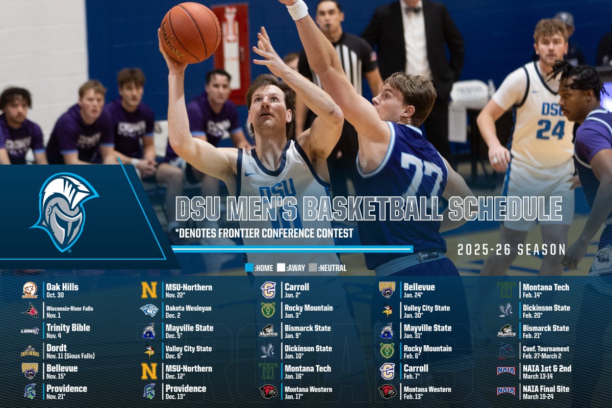 Dakota State University Athletics (@dsu_trojans) on Twitter photo M🏀: <a href="/DSU_MBB/">Dakota State Men's Basketball</a> releases 2025-26 schedule
Key Dates:
🗓️ 14 home games at DSU Fieldhouse
🏀 Home Opener - Oct. 30
🟦 Battle of the Blues - Dec. 2
🏀 22 conference games in new conference era with <a href="/FConference/">Frontier Conference</a>
📰 tinyurl.com/5n89a7k7
#TrojanNation⚔️ I #TheRightWayToPlay M🏀: <a href="/DSU_MBB/">Dakota State Men's Basketball</a> releases 2025-26 schedule
Key Dates:
🗓️ 14 home games at DSU Fieldhouse
🏀 Home Opener - Oct. 30
🟦 Battle of the Blues - Dec. 2
🏀 22 conference games in new conference era with <a href="/FConference/">Frontier Conference</a>
📰 tinyurl.com/5n89a7k7
#TrojanNation⚔️ I #TheRightWayToPlay