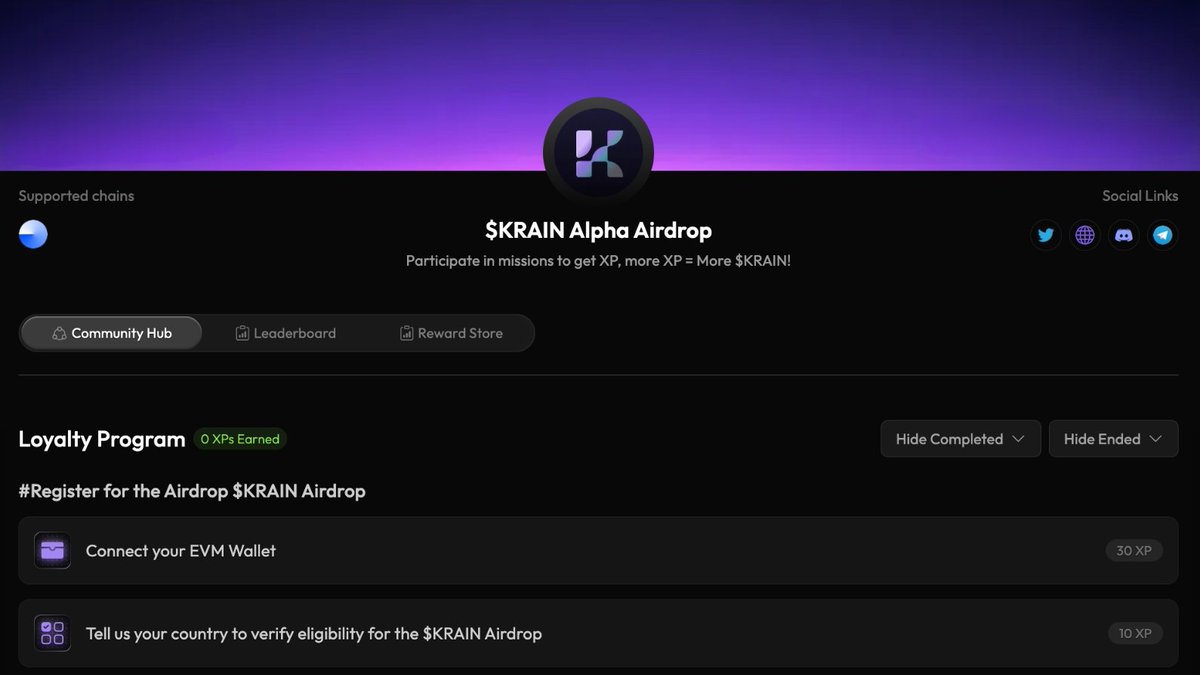 krain_ai's tweet image. 🚨 ANNOUNCING: $KRAIN Alpha Airdrop 🚨

Phase 2 of the $KRAIN Airdrop is HERE.

➡️ Start now: quest.intract.io/project/krain-…

🔥 Alpha Airdrop introduces:
• X Engagement Points
• Daily Missions updated regularly
• Earn XP by joining Discord
• Unlock roles through quests
• Take…