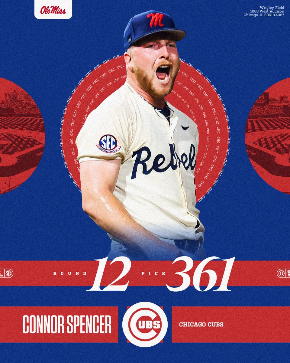 OleMissBSB's tweet image. Double Deuce has been selected by the @Cubs in the 12th Round of the 2025 MLB Draft! Congrats @connor44spencer!