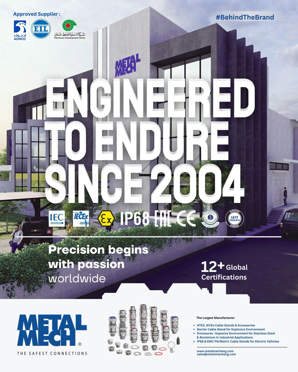 metalmecheng's tweet image. At Metalmech Engineering, Jamnagar — precision meets passion.
We deliver certified cable glands &amp;amp; enclosures trusted in 30+ countries.
🔧 Built in India. Trusted Worldwide.
🌐 metalmecheng.com
#MetalmechEngineering #EngineeredToEndure #ATEXCertified #IECExCertified