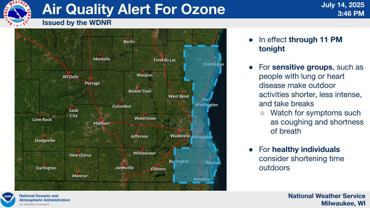 An Air Quality Alert/Advisory is in effect through 11 PM tonight  due to Ozone near the surface. All Lake Michigan lakeshore counties are under the advisory.