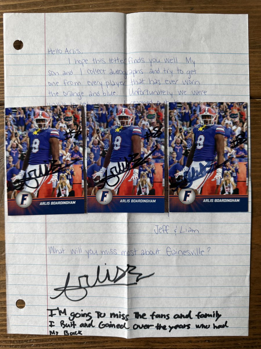 Jeff Fiesta (@floridag8ralum) on Twitter photo Pumped to get <a href="/Arlisb42/">Arlis Boardingham</a> back in the mail today. Wish him the very best at BG! Special thank you to <a href="/1teamdriven/">Kim Boardingham</a> for coordinating this. Arlisโ signed cards now brings us to 117 out of 128 players in our 2024 Onit Florida Gators autographed set. 11 to go. ๐ ๐ฆ
Pumped to get <a href="/Arlisb42/">Arlis Boardingham</a> back in the mail today. Wish him the very best at BG! Special thank you to <a href="/1teamdriven/">Kim Boardingham</a> for coordinating this. Arlisโ signed cards now brings us to 117 out of 128 players in our 2024 Onit Florida Gators autographed set. 11 to go. ๐ ๐ฆ