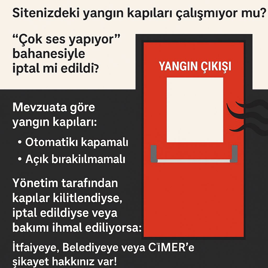 KenanYildiz_isg's tweet photo. 🚨 Yangın Kapısı Sessiz Bir Hayat Kurtarıcıdır!
Sitenizdeki yangın kapıları çalışmıyor mu?
“Çok ses yapıyor” bahanesiyle iptal mi edildi?
❌ Bu büyük bir hata olabilir!
✅ Yangın kapıları duman ve alevin yayılmasını engeller, kaçış süresini uzatır ve can kurtarır.
📛 Mevzuata göre yangın kapıları:
   •   Otomatik kapanmalı
   •   Açık bırakılmamalı
   •   Kesinlikle devre dışı bırakılmamalıdır!
📍Yönetim tarafından kapılar kilitlendiyse, iptal edildiyse veya bakımı ihmal ediliyorsa:
➡️ İtfaiyeye, Belediyeye veya CİMER’e şikayet hakkınız var!
🔥 Unutmayın:
İhmal değil, önlem hayat kurtarır.
#YangınKapısı #SiteGüvenliği #AfetHazırlığı #BilinçliYurttaş