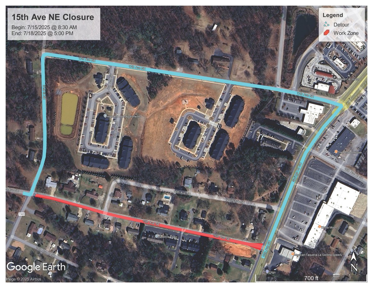 Starting on July 15, 15th Ave NE will be closed from the intersection with Springs Rd NE to approximately 300 feet west for the installation of water and sewer taps. The road will be closed from 8:30 a.m. to 5 p.m. each day through Friday, July 18. hickorync.gov/15th-avenue-ne…