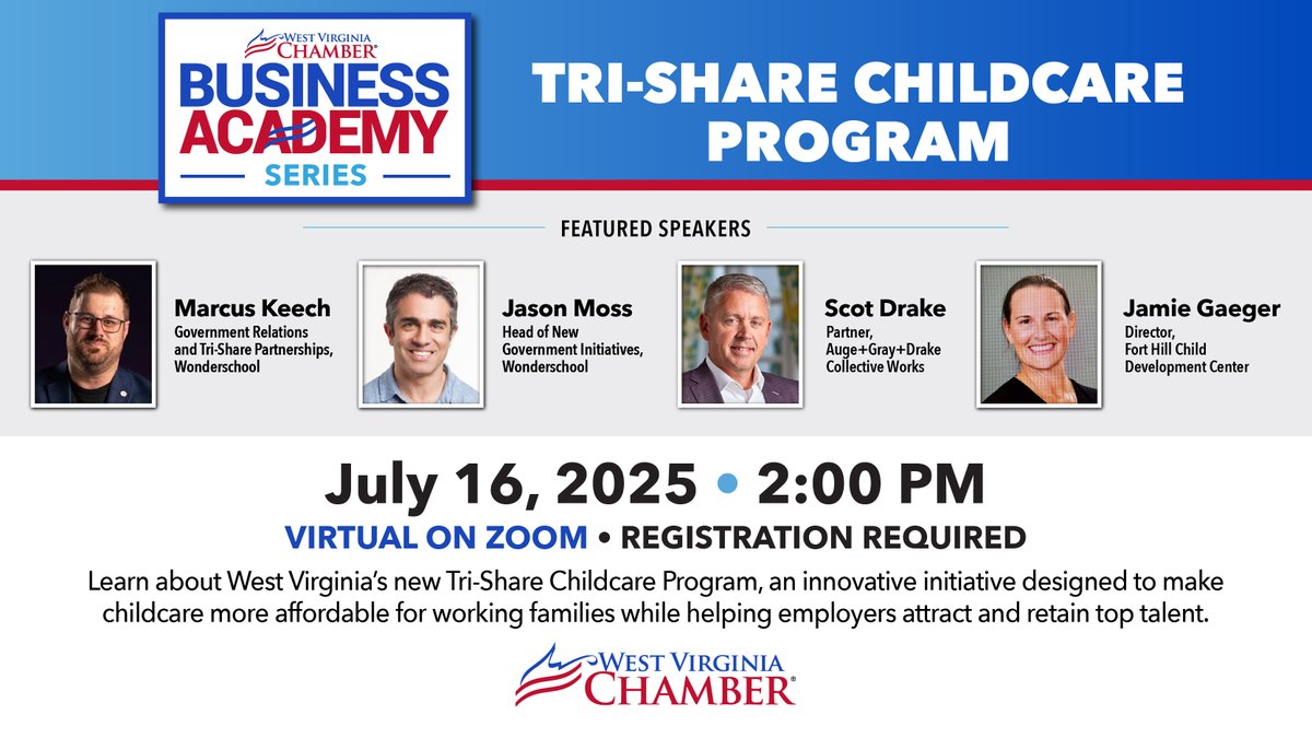 WVaChamber's tweet image. THIS WEEK: BUSINESS ACADEMY: Tri-Share Childcare Program
📄Learn how this innovative shared-cost model is making childcare more affordable and helping employers attract and retain talent.
🗓Join us this Wednesday, July 16 at 2 PM
Register for FREE here: tinyurl.com/Tri-ShareBA