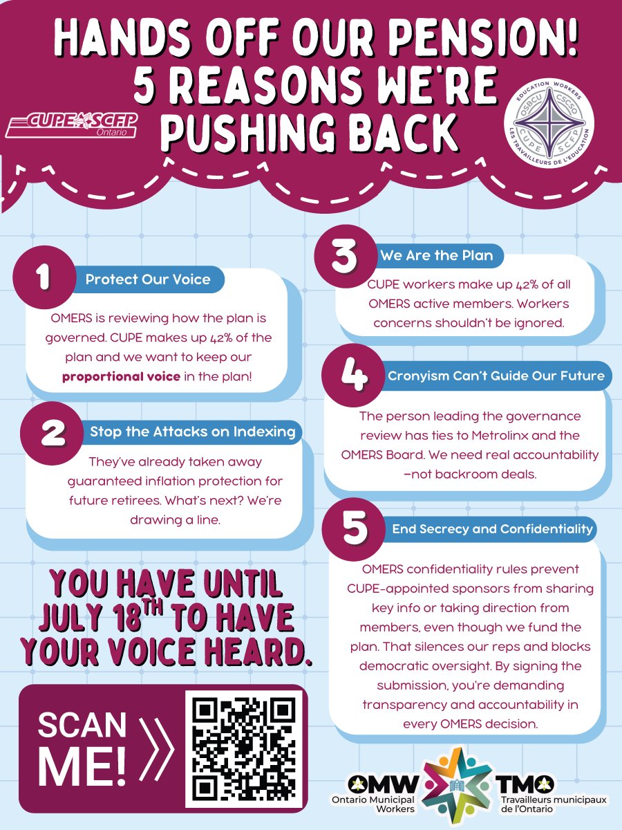 osbcucscso's tweet image. You still have time to push back! Please use the QR code to add your voice. Protect YOUR pension!
#OMERs #protectyourpension #youworkedforit #OSBCU #OMW #CUPEON #CUPE