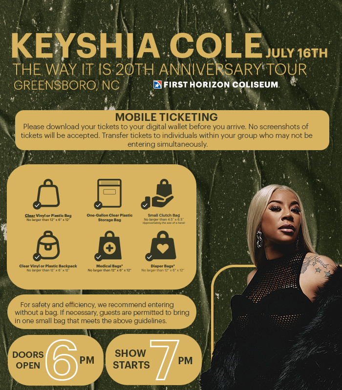 gsocomplex's tweet image. We are throwing it back to 2005 with Keyshia Cole on Wednesday for her 20th Anniversary Tour! If you are joining us check out the details you need to know ⏬
⏰: Show starts at 7 PM.
🚪: Doors open at 6 PM.
#wheregreensborogathers