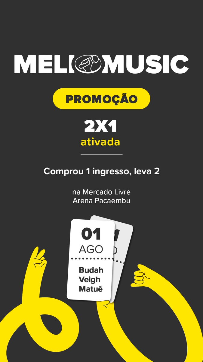 neymarjr's tweet image. Fala, galera!
Já ficou sabendo do #MeliMusic, festival incrível do @MercadoLivre no dia 01/08?
Quem curte música não pode perder!
E ainda tem promoção especial: compre 1 ingresso e leve 2!
Aproveita e garante o seu 👉 bit.ly/4kl3avr