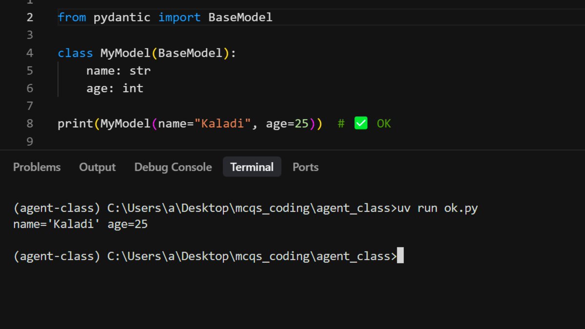 subhankaladi15's tweet image. We use Pydantic for runtime validation. Without it, Python only shows type hints in IDE, not real checks. In the first two pics (without Pydantic), even wrong types work. In the last ones (with Pydantic), wrong types raise errors. That’s why we use BaseModel. Thanks!
#Pydantic
