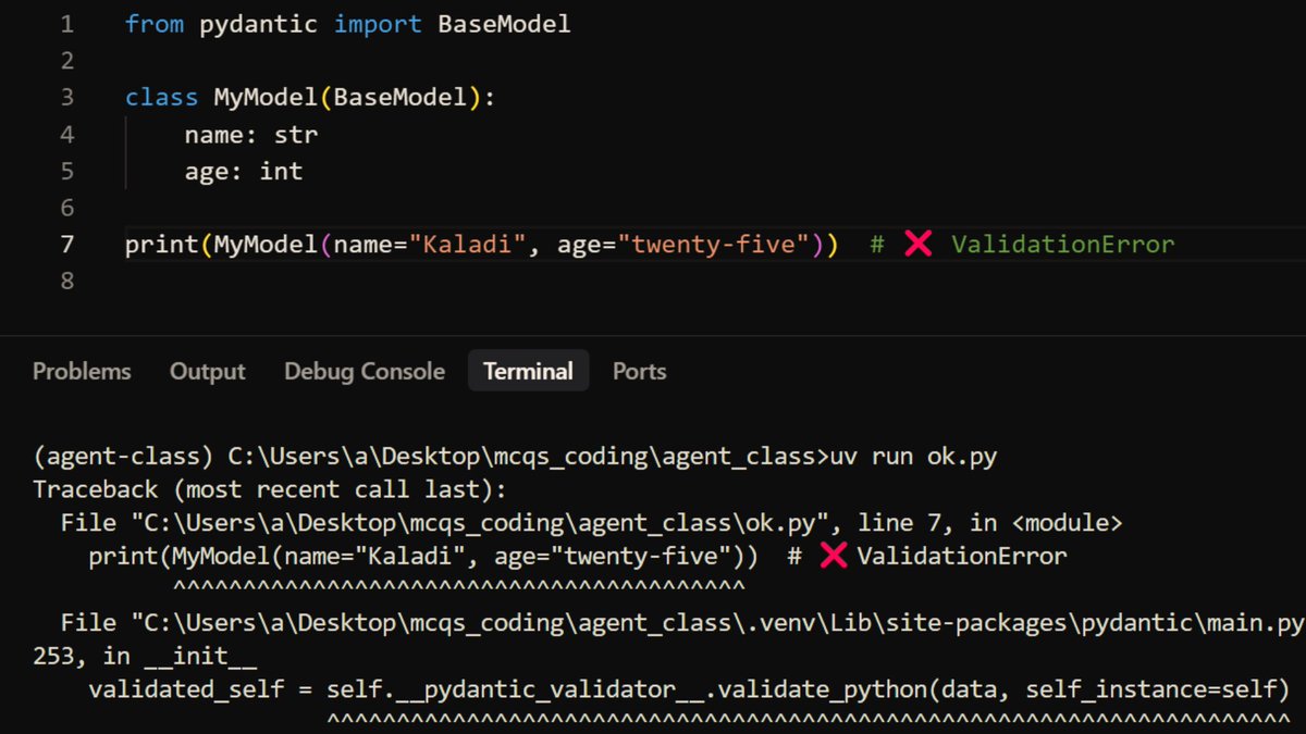 subhankaladi15's tweet image. We use Pydantic for runtime validation. Without it, Python only shows type hints in IDE, not real checks. In the first two pics (without Pydantic), even wrong types work. In the last ones (with Pydantic), wrong types raise errors. That’s why we use BaseModel. Thanks!
#Pydantic