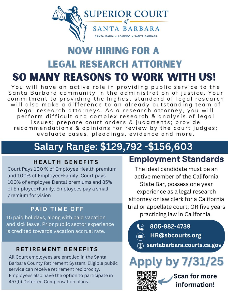 We're looking for a Legal Research Attorney to join our team! For more information and to apply, visit tinyurl.com/3f68yp23