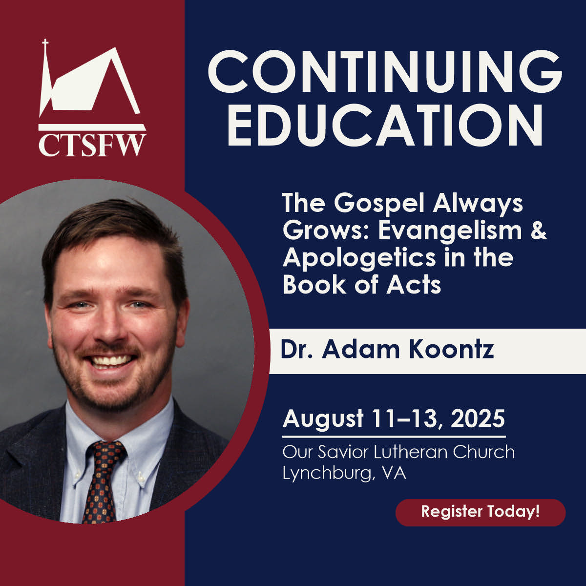 CTSFWedu's tweet image. Join us August 11–13, 2025, in Virginia as Dr. Adam Koontz teaches on the topic of "Evangelism and Apologetics in the Book of Acts." To learn more about this opportunity and others like it, visit ctsfw.edu/CE/Lynchburg-V…