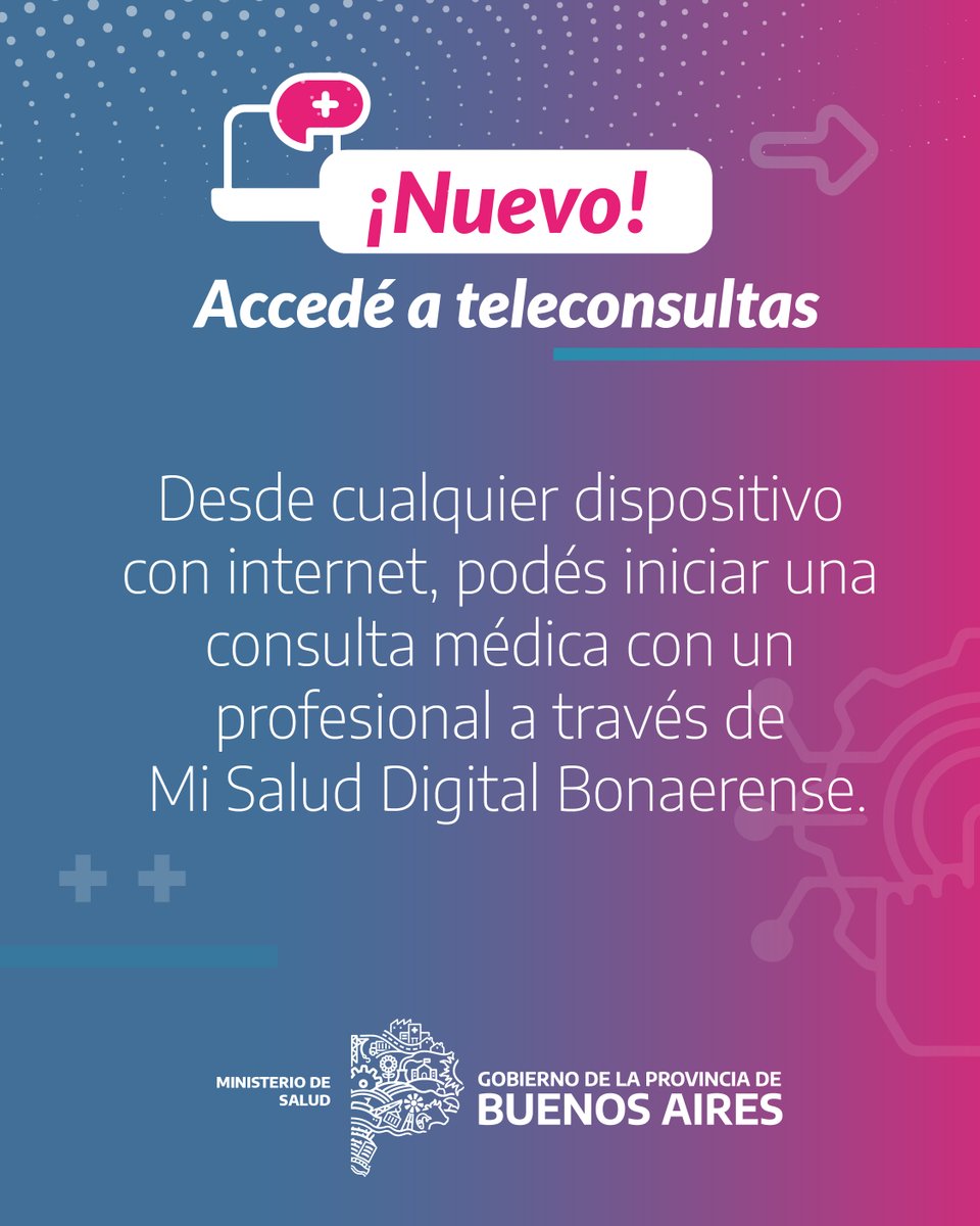 ¡Seguimos sumando herramientas para garantizar el derecho a la salud en <a href="/BAProvincia/">Gobierno PBA</a>! 📲🩺

Ampliamos el servicio de teleconsultas para que cada vez más bonaerenses puedan acceder a atención sanitaria, desde cualquier dispositivo y estén donde estén.