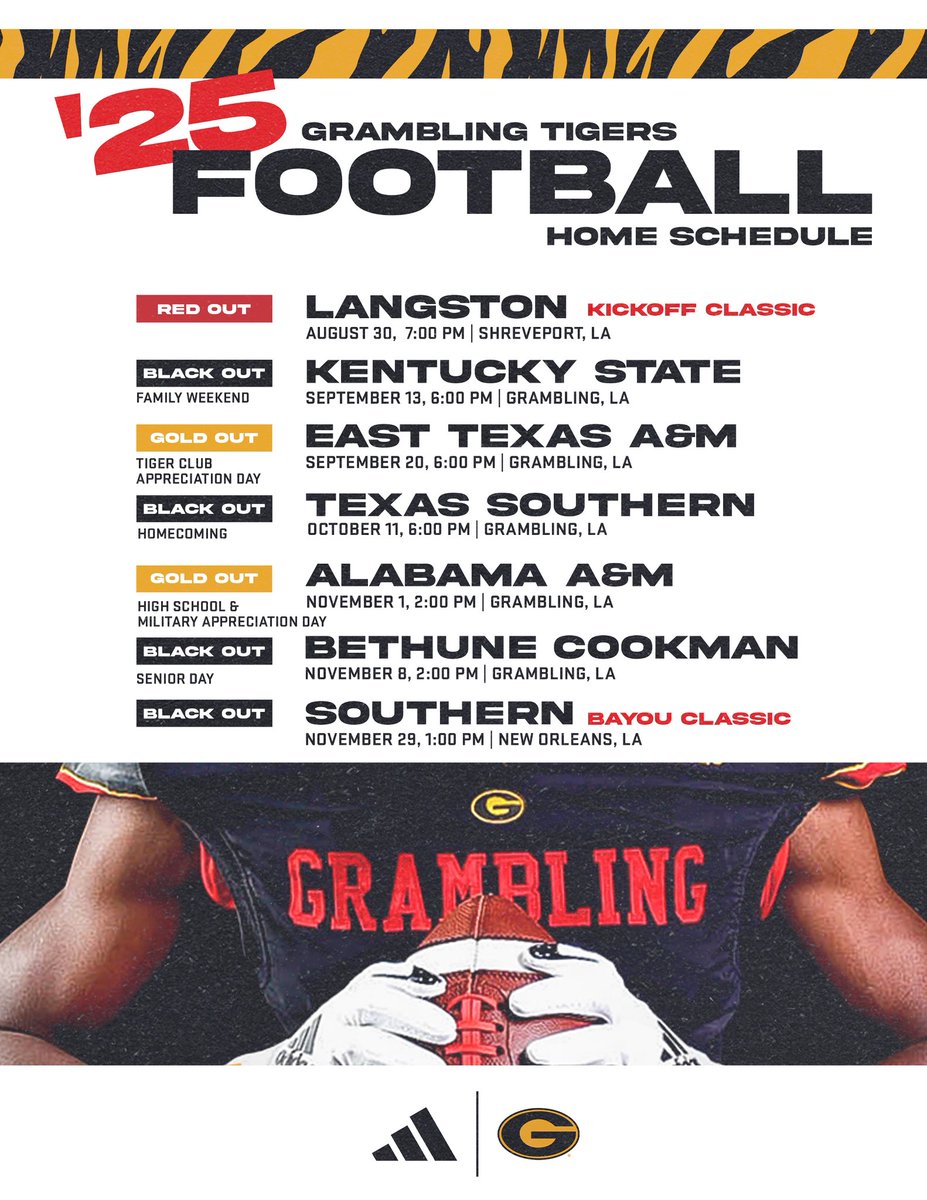👕 Know before you show!

Check out the 2025 Home Game Colors and get your game day ‘fit right!

Let’s keep the stands coordinated and loud all season long! 

#GramblingFootball | #GramFam |  #ThisIsTheG