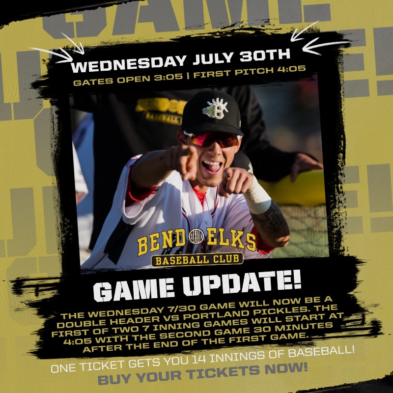 ‼️ GAME UPDATE ‼️ Please be aware Wednesday July 30th #BendElks game against the Portland Pickles is now a double header event to make up for a rain out in Portland earlier this season. 1 ticket will get you 2 games! $3 Montucky 16oz cans for the whole first game! 🦌⚾ #inBend