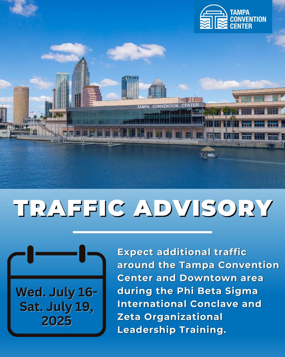 TheTampaCC's tweet image. Drivers should expect increased pedestrian and vehicle traffic around the Tampa Convention Center and greater Downtown area from Wed. July 16 through Sat. July 19, as the Phi Beta Sigma International Conclave 2025 & Zeta Organizational Leadership Training come to town.