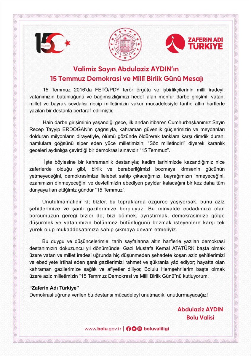Valimiz Sayın Abdulaziz Aydın’ın 15 Temmuz Demokrasi ve Millî Birlik Günü Mesajı ⤵️

🔗 bolu.gov.tr/valimiz-abdula…