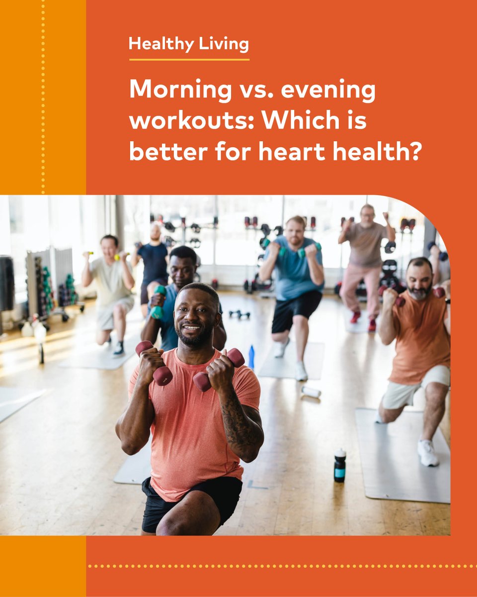 HCAMidwest's tweet photo. Whether you hit the gym at sunrise or go jogging after dark, you might wonder what’s the best time of day to exercise and why. See how exercise timing can affect your #HeartHealth: https://t.co/TDAcMvMIgj.

#HealthierTomorrows #DailyMovement https://t.co/DrVqY8W60f