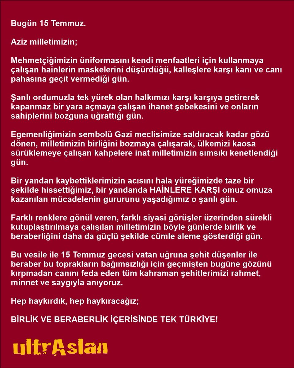 ultrAslan's tweet image. 🇹🇷 Hep haykırdık, hep haykıracağız; 
BİRLİK VE BERABERLİK İÇERİSİNDE TEK TÜRKİYE! 🇹🇷 #15Temmuz 

#ultrAslan