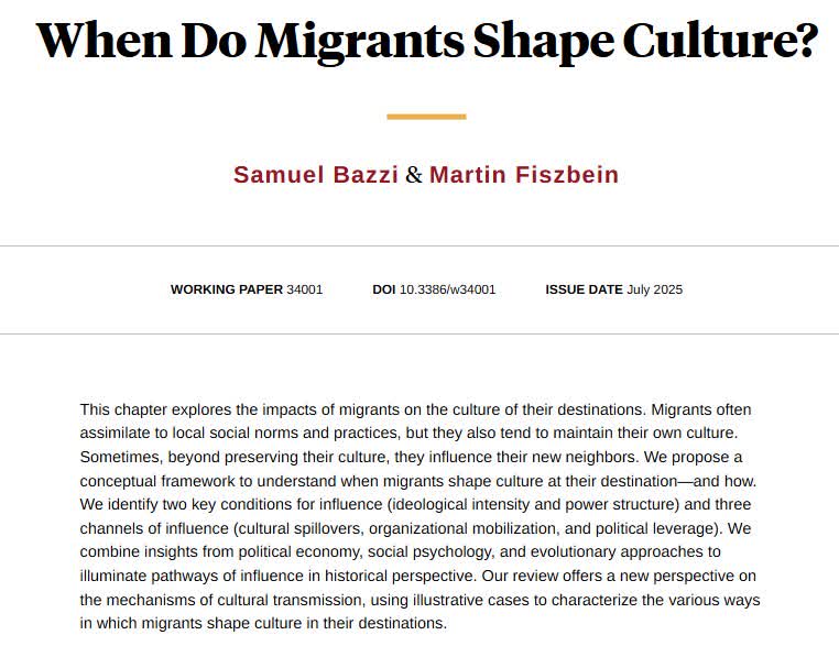 An examination of when migrants shape local culture, development a framework, and illustrated with historical evidence, to explain the conditions and channels for influence, from <a href="/SamuelBazzi/">Samuel Bazzi</a> and @MartinFiszbein nber.org/papers/w34001
